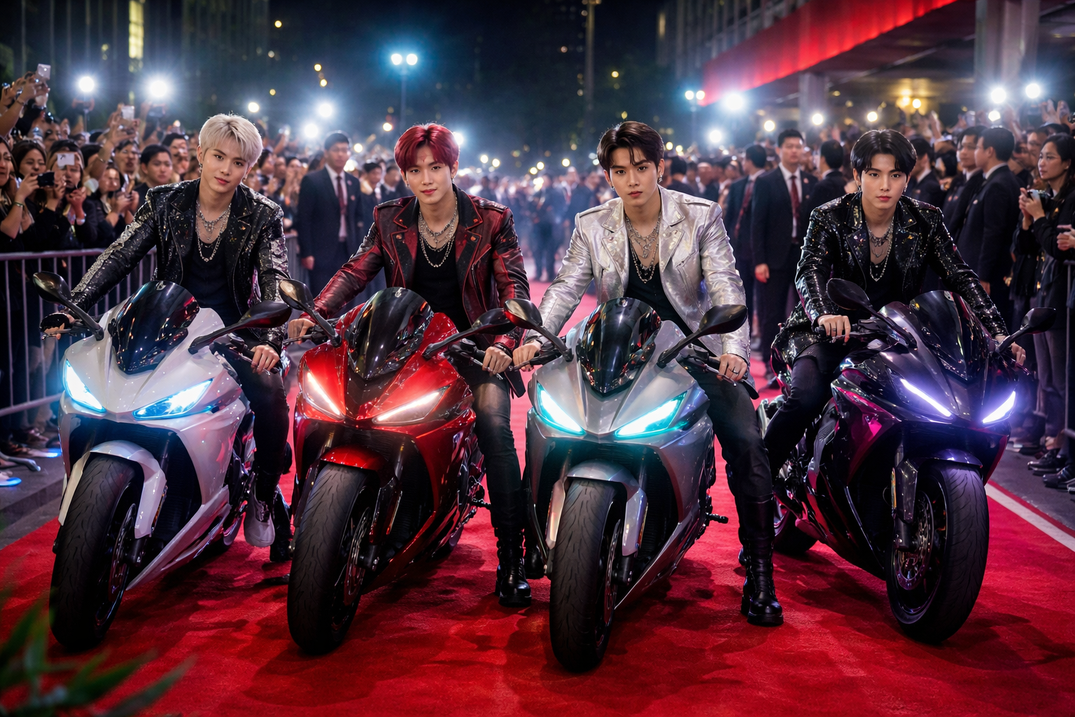 K-pop stars arriving on electric sport bikes
