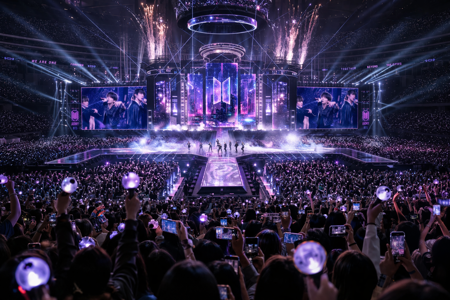 K-pop futuristic concert over crowd to stage